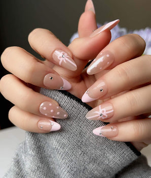 Love Gift press-on nail set — Soft Pink French, Bows & Polka Dots. design, hand-painted with real gel polish