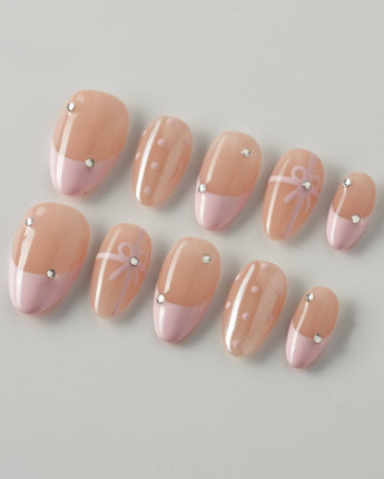 Love Gift press-on nails — Soft Pink French, Bows & Polka Dots. handmade nail art by Joyee Nails
