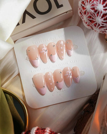 Love Gift handmade press-on nails featuring Soft Pink French, Bows & Polka Dots.
