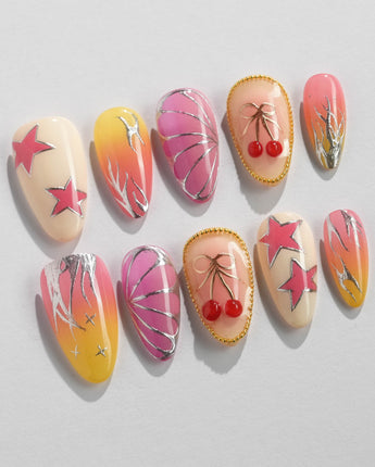 Love Is Not Over colorful birthday nails with glossy dopamine shades and chrome flame details