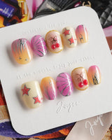 Love Is Not Over extra short oval nails with silver flames, cherries, and bright color pops