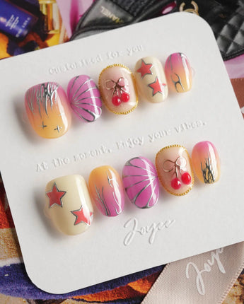 Love Is Not Over extra short oval nails with silver flames, cherries, and bright color pops