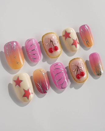 Love Is Not Over short oval nails with colorful gel polish and silver flame accents