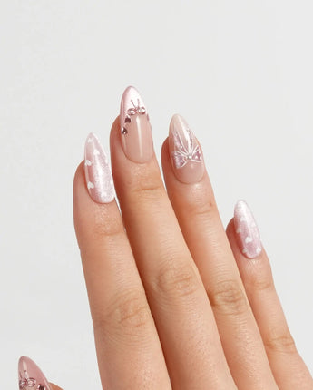 Love Letter nails in medium almond — Dreamy Shimmer Pink, 3D