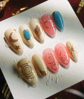 Love Me Again handmade press-on nails featuring Multi-color Contrast, Gold Relief Lines & Moon.