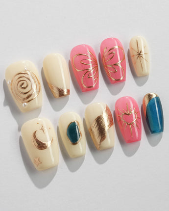 Love Me Again nail art close-up showing Multi-color Contrast, Gold Relief Lines & Moon. details