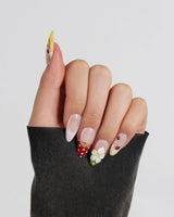 Lucky Dot press-on nails in medium almond shape — Cute Pastoral, Hand-painted Ladybugs & Red Polka Dot French Tips.