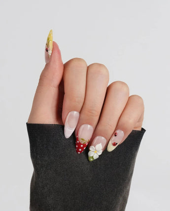 Lucky Dot press-on nails in medium almond shape — Cute Pastoral, Hand-painted Ladybugs & Red Polka Dot French Tips.