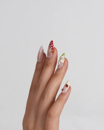 Lucky Dot press-on nails in medium almond shape — Cute Pastoral, Hand-painted Ladybugs & Red Polka Dot French Tips.