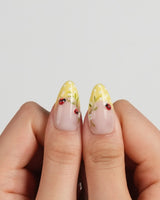 Lucky Dot press-on nails in medium almond shape — Cute Pastoral, Hand-painted Ladybugs & Red Polka Dot French Tips.