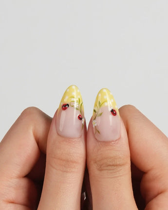 Lucky Dot press-on nails in medium almond shape — Cute Pastoral, Hand-painted Ladybugs & Red Polka Dot French Tips.