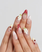 Lucky Dot press-on nails in medium almond shape — Cute Pastoral, Hand-painted Ladybugs & Red Polka Dot French Tips.