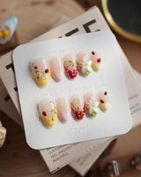 Lucky Dot press-on nails in extra short almond shape — Cute Pastoral, Hand-painted Ladybugs & Red Polka Dot French Tips.