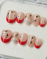 Lucky you nail art close-up showing Red French, Daisy & Ladybug. details