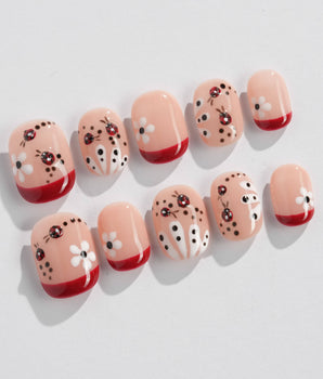 Lucky you press-on nail set — Red French, Daisy & Ladybug. design, hand-painted with real gel polish