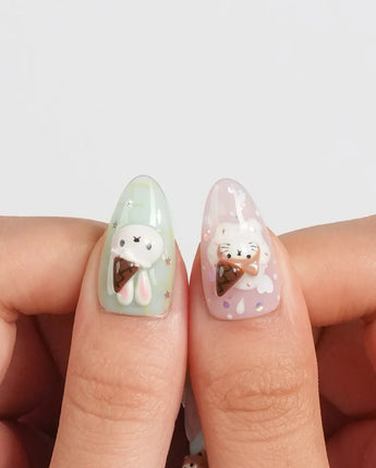 Lulu's Cone handmade kawaii dessert nails with mint, pink, lavender, and cream bases