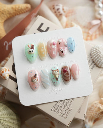 Lulu's Cone kawaii ice cream press-on nails in extra short almond shape