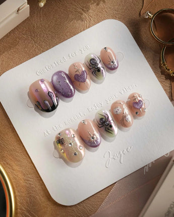 Luminous Spider nails — nude base purple chrome by Joyee Nails