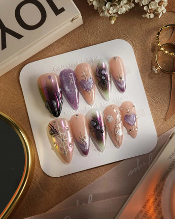 Luminous Spider nails — nude base purple chrome by Joyee Nails