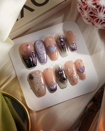 Luminous Spider nails — nude base purple chrome by Joyee Nails