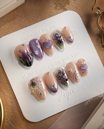 Luminous Spider nails — nude base purple chrome by Joyee Nails