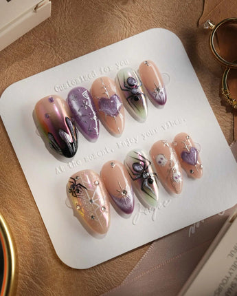 Luminous Spider nails — nude base purple chrome by Joyee Nails