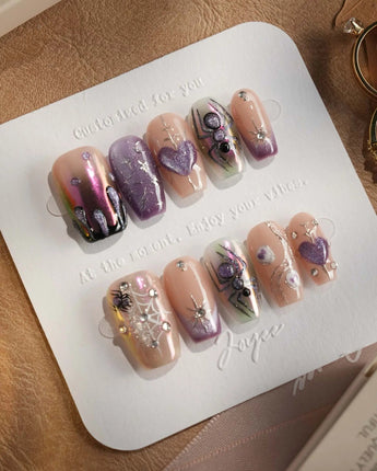 Luminous Spider nails — nude base purple chrome by Joyee Nails