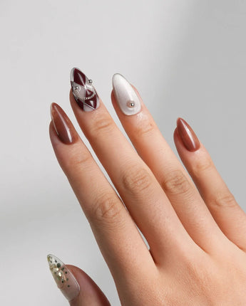 Luxury Vintage Gold | Ready to Ship short almond press-on nails with fall-inspired handmade nail art