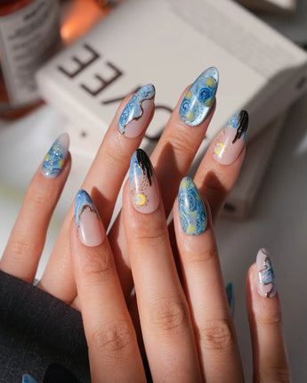 Starry Night press on nails hand-painted in blue and gold, inspired by Van Gogh