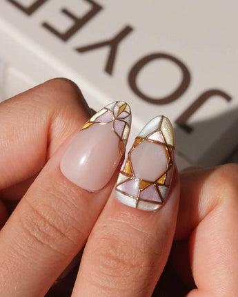 Venetian glass press on nails with stained-glass roses and gold line on nude