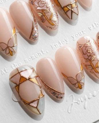Venetian glass press on nails with stained-glass roses and gold line on nude