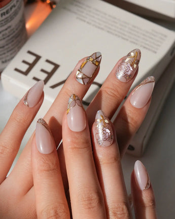 Venetian glass press on nails with stained-glass roses and gold line on nude