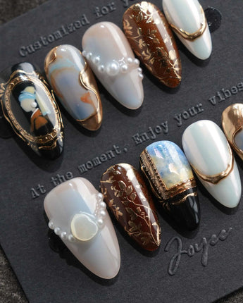 Pearl Earring press on nails with a gold-framed portrait and pearls, inspired by Vermeer