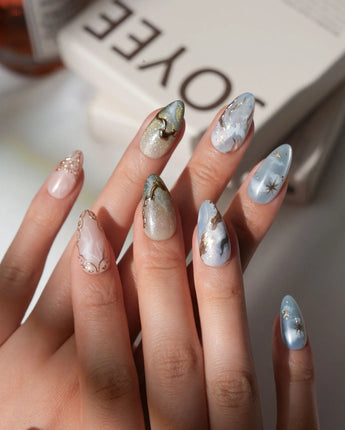 Renaissance fresco press on nails with painted angels, clouds and gold leaf