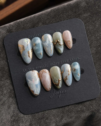 Renaissance fresco press on nails with painted angels, clouds and gold leaf