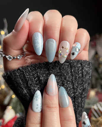 Winter wonderland press-on nails — Icy Blue Snowflakes, Rhinestone Wreath & Hearts. handmade nail art by Joyee Nails