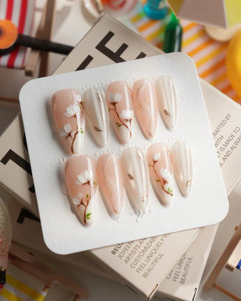 Magnolia — First Light Medium Stiletto press on nails, handmade custom nails by Joyeenails