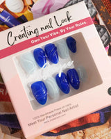 Majorelle Blue glossy summer nails with carved gel lines and oasis-blue shine
