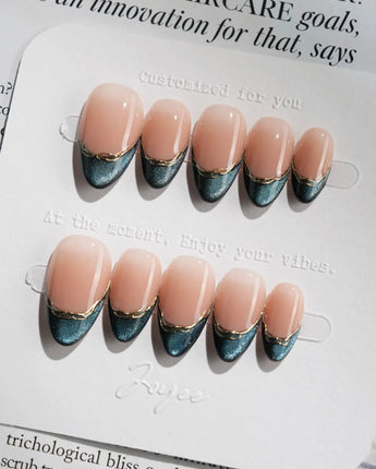 Malta Blue Mediterranean-inspired nails with radiant blue tips and subtle gold outline
