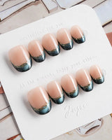 Malta Blue extra short oval nails with midnight blue tips and refined gold outline