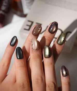 Maple Cat Short Oval cat eye press on nails fall with multicolored cat eye handmade nail art - image 2