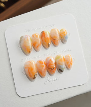 Marmalade Extra Short Almond orange marble press on nails with orange marble handmade nail art - image 2