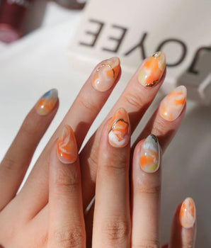 Marmalade Extra Short Almond orange marble press on nails with orange marble handmade nail art - image 1