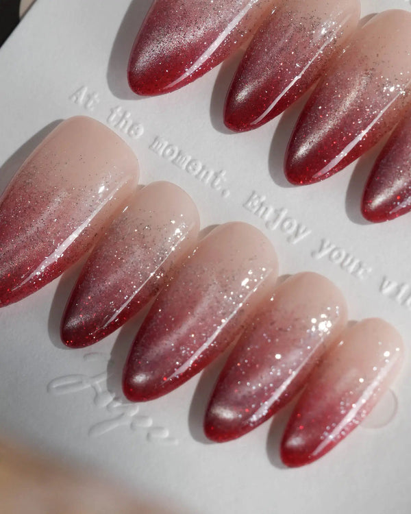 Mars Mist press-on nails — Nude-to-Deep-Vermilion Ombre Gradient, featuring