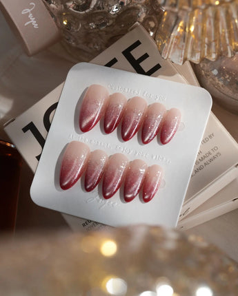 Mars Mist press-on nails — Nude-to-Deep-Vermilion Ombre Gradient, featuring