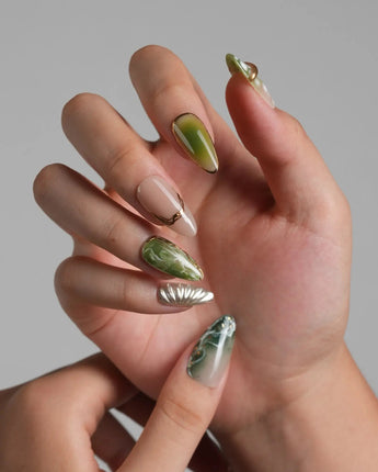 Marshes - Mud Masquerade nails in medium almond — Textured Herbal Green, Metallic