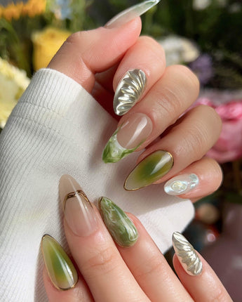 Marshes - Mud Masquerade nail art close-up showing Textured Herbal Green, Metallic Shell Patterns & Marble Smudge. details