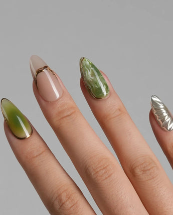 Marshes - Mud Masquerade nails in medium almond — Textured Herbal Green, Metallic