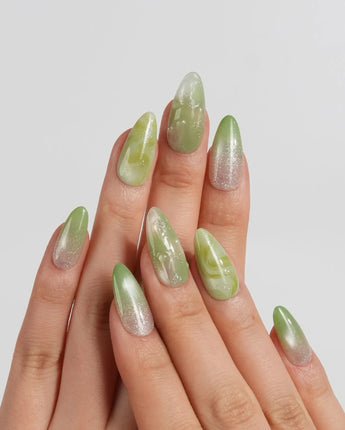 Matcha Chill Medium Almond press on nails, handmade custom nails by Joyeenails