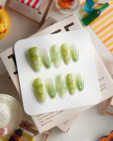 Matcha Chill Medium Almond press on nails, handmade custom nails by Joyeenails